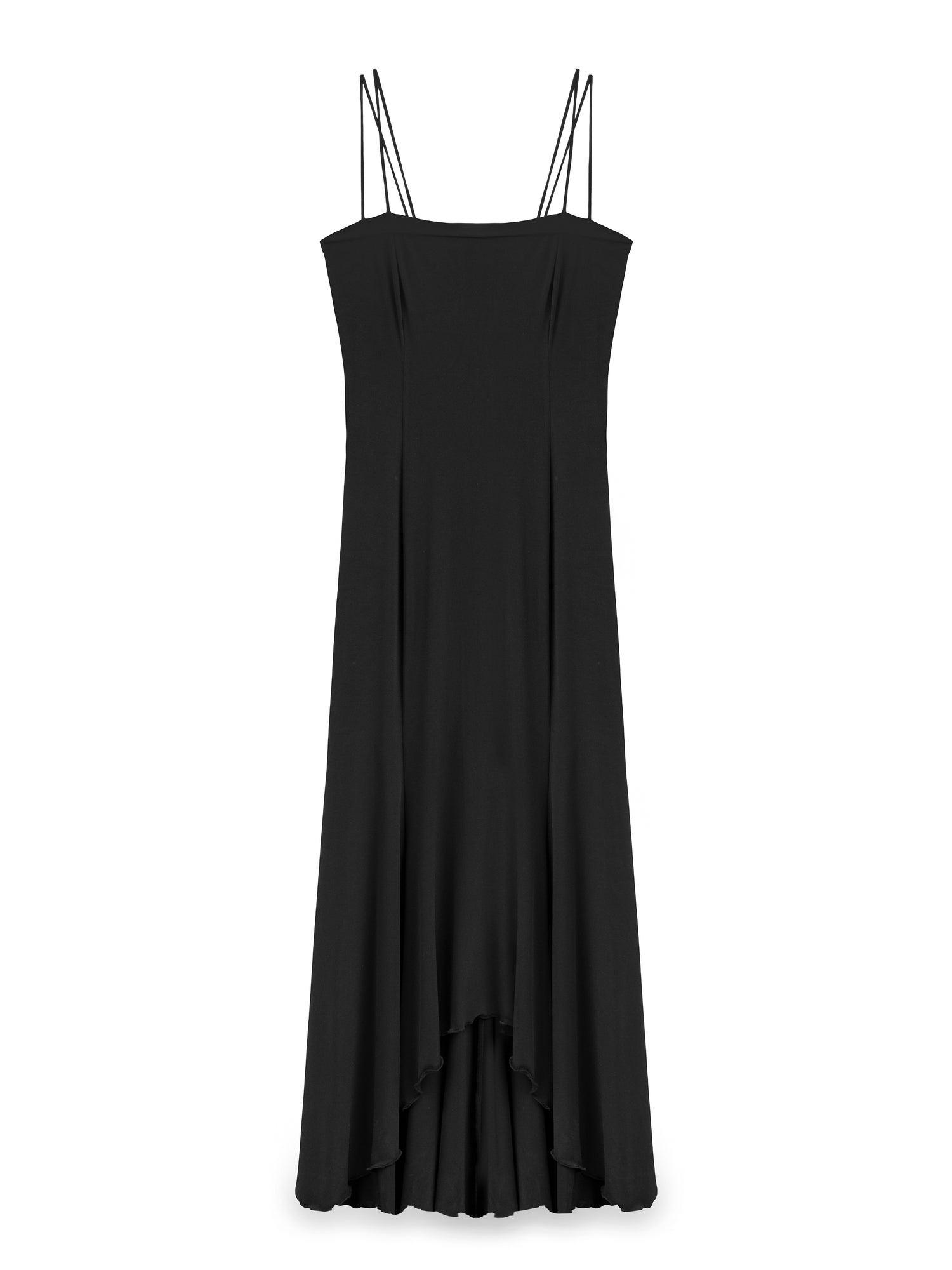 ÇİFT ASKILI KATLAMA DETAYLI UZUN ELBİSE SİYAH