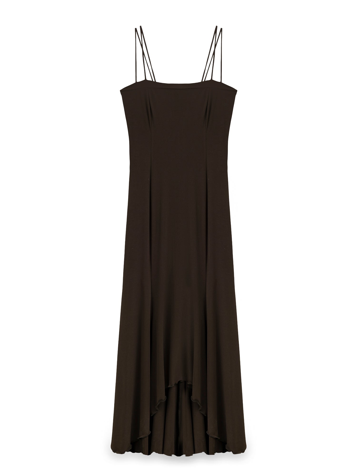 ÇİFT ASKILI KATLAMA DETAYLI UZUN ELBİSE KAHVERENGİ