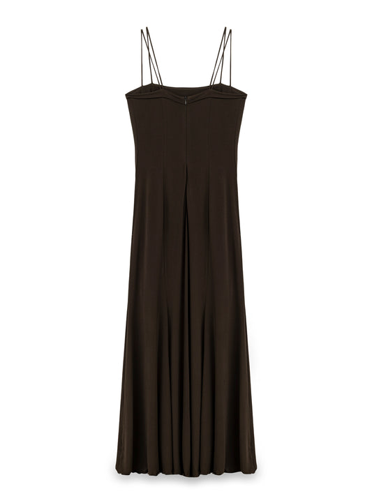 ÇİFT ASKILI KATLAMA DETAYLI UZUN ELBİSE KAHVERENGİ