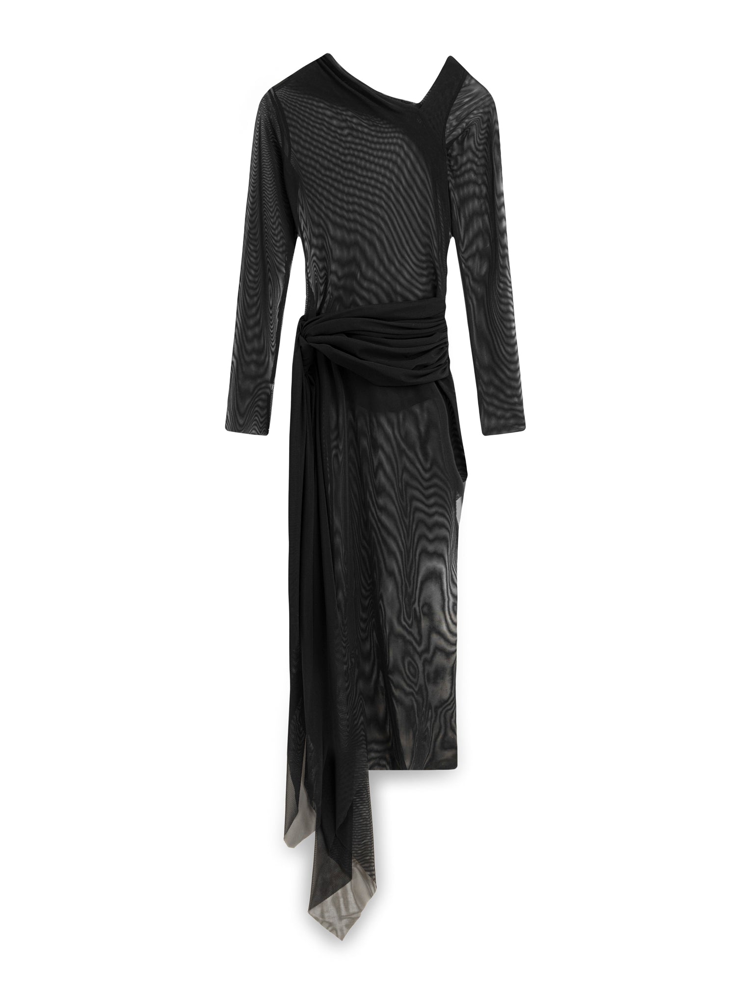 ASİMETRİK TÜL PARÇA DRAPELİ TRANSPARAN ELBİSE